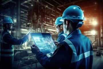 Poster - Team of two civil engineers or professional technicians in hard helmets using blueprints on digital tablet working at industrial plant.