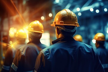 Poster - professional industrial engineers in hard hats. working at heavy industry manufacturing factory,maintenance service check for safety first.