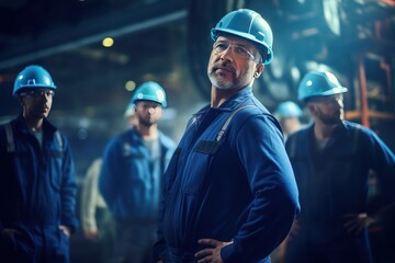 Poster - professional industrial engineers in hard hats. working at heavy industry manufacturing factory,maintenance service check for safety first.