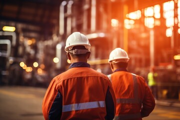 Poster - professional industrial engineers in hard hats. working at heavy industry manufacturing factory,maintenance service check for safety first.