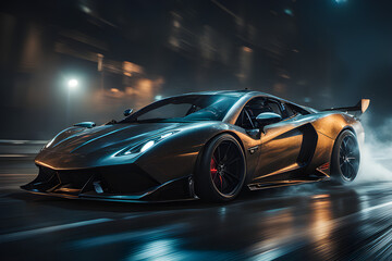 a black and gold sports car is driving down a wet road at night. the street lights are in the background.