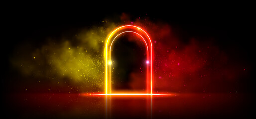 Neon effect arched door frame with luminous steam. Red and yellow gradient glowing frame surrounded by fog and bright glitter. Realistic vector illustration of led portal border or stage doorway.