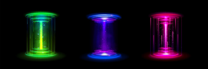 Sticker - Game holographic portal with neon glow effect - circle platforms with pink, blue and green light beams to travel in space or time. Realistic vector set of fantastic futuristic podiums for teleport.