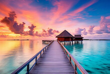 Sunset At A Wooden Pier And Opulent Water Villa Resort On The Maldives Island Gorgeous Beach, Sky, And Clouds As A Backdrop For A Summer Trip And Travel Idea
