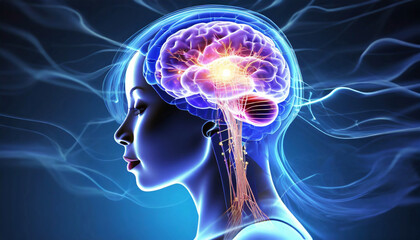 Wall Mural - 3D Visualization Illustrating the Active Anatomy of the Human Brain, 3D Visualization Spotlight on the Active Dynamics of the Human Brain, Generative AI