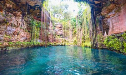 Wall Mural - Ik-Kil Cenote - Lovely cenote in Yucatan Peninsulla with transparent waters and hanging roots. Chichen Itza, Mexico