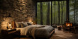 © vectorizer88 - The bedroom, a hidden sanctuary in the woods, glows warmly behind the stone wall's sturdy embrace