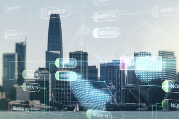 Wall Mural - multi exposure of abstract programming language hologram and world map on san francisco office build