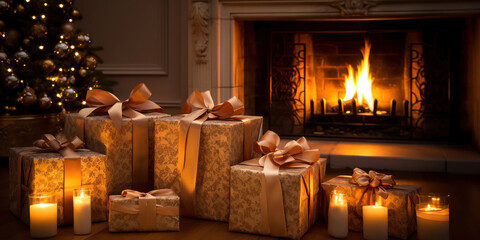 Wall Mural - Set of wrapped gifts nestles against the cozy fireplace
