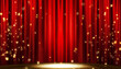 red curtain material. Spotlight. Confetti.