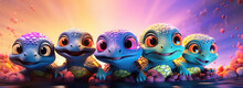 Animated Turtles Against A Magical Sunset Backdrop, Evoking Wonder And Adventure. Ideal For Storytelling.