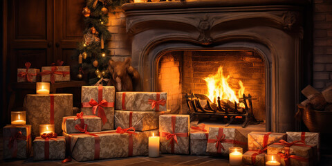 Wall Mural - Set of wrapped gifts nestles against the cozy fireplace