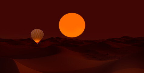 Wall Mural - Hot air balloon flying over beautiful sand dunes in the Sahara desert - Sahara, Morocco