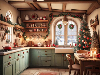 Wall Mural - Cozy rustic retro kitchen with Christmas decor, utensils. Merry Christmas and Happy New Year greeting card, home warmth