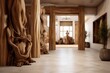 Tree trunk columns in rustic interior design of modern entrance hall with door. Created with generative AI, Generative AI