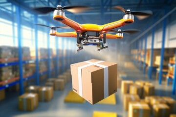 Wall Mural - Flying delivery drone transferring parcel box from distribution warehouse to automotive garage customer service repair center background. Modern innovative technology and gadget, Generative AI