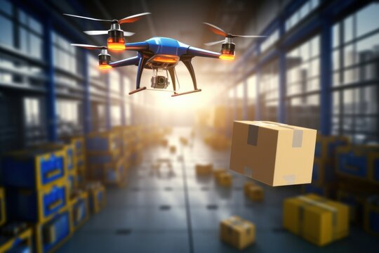 Flying delivery drone transferring parcel box from distribution warehouse to automotive garage customer service repair center background. Modern innovative technology and gadget, Generative AI