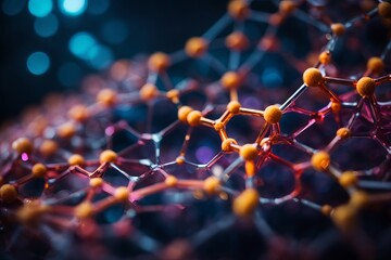 Abstract close-up photo of a molecule with orange atoms on a dark blue background with bokeh