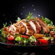 © Fokasu Art - Grilled chicken fillet with salad on a black reflective surface. Healthy food, keto diet.