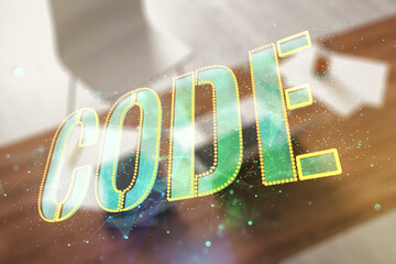 Wall Mural - creative code word hologram and modern desktop with laptop on background, artificial intelligence an