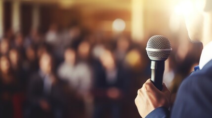 Pulblic speaking concept. A man's hand holds on a microphone over the blurred photo of classroom, or seminar room with attendees.