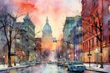 Fototapeta Londyn - Urban Winter Scenes: Capture cityscapes with snow-covered streets, buildings, and the glow of streetlights. - Generative AI