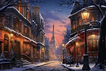 Urban Winter Scenes: Capture Cityscapes With Snow-covered Streets, Buildings, And The Glow Of Streetlights. - Generative AI