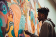 Closeup side view of a young African American man creating street art drawing on the wall