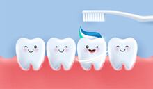 Teeth Is Happy Brush Your Teeth With Toothpaste. Teeth Suitable For Children Dental Clinic. Teeth Character For Kids. Cute Dentist Mascot For Medical Apps, Websites And Hospital. Vector Design.