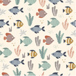 Sea seamless pattern with cute fishes. Childish illustration. Sea seamless pattern. Colorful fish and algae on a light background. Nautical pattern for kids fabric, textile, wallpaper.
