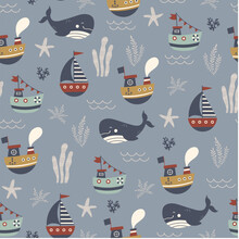 Marine Seamless Pattern With A Cute Boats. Childish Illustration. Sea Seamless Pattern. Colorful Little Ships, Algae And The Big Blue Whale On On A Gray-blue Background. 