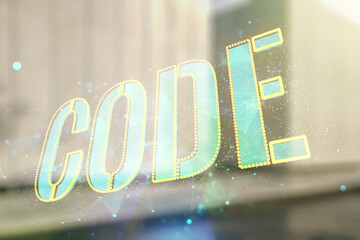 Wall Mural - code word hologram on modern business center exterior background, artificial intelligence and neural