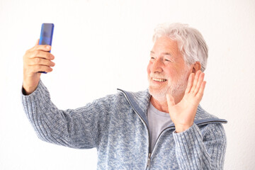 Sticker - Happy bearded senior man in video call connection holding mobile phone waving hand