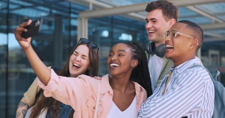 Wall Mural - Students, friends and selfie at university, happy and diversity with smile for memory, post and web blog. Men, women and group with photography for profile picture, live streaming or social media app