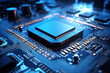 © Anoo - A powerful computer processor or chip on a motherboard. Modern technologies. Blue background. Development of computer technologies.