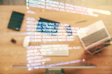 Wall Mural - double exposure of abstract programming language on laptop background, research and development conc
