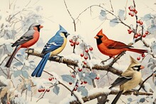 Winter Birds: Photograph Birds Such As Cardinals, Chickadees, And Blue Jays Against A Snowy Backdrop. - Generative AI