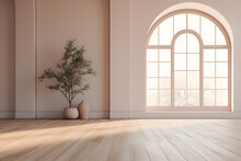 Empty Wooden Floor Room, Arched Window And Natural Tree, In The Style Of Soft, Muted Color Palette