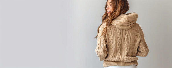 Wall Mural - Website header fashionable in warm sweater standing on white background, Copy, empty space for your advertise text