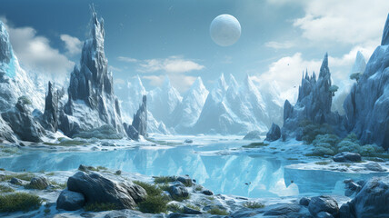 Sticker - fantasy alien planet. mountain and lake