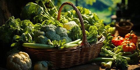 Wall Mural - Wicker basket with assorted organic vegetables outdoor. eating healthy food. organic food