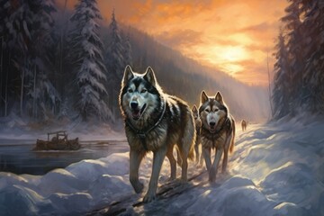 Wall Mural - Sled Dogs: Document the power and beauty of sled dogs in action, especially in northern regions. - Generative AI