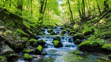 Fototapeta  - Picturesque waterfall in the forest, wildlife beauty monitor wallpaper. Clear water pouring over rapids and stones of the forest, green trees.