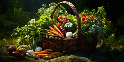 Wall Mural - Wicker basket with assorted organic vegetables outdoor. eating healthy food. organic food