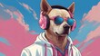 illustration of fantasy character with dog head in sunglasses and headphones wearing white jacket listening to music against pink and blue background. Ai Generative Art