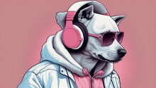 Illustration Of Fantasy Character With Dog Head In Sunglasses And Headphones Wearing White Jacket Listening To Music Against Pink And Blue Background. Ai Generative Art