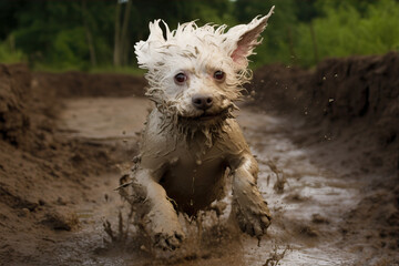 Wall Mural - A  dog stands in a puddle, covered in mud