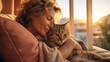 Portrait of senior woman holding cute cat. Female hugging her cute long hair kitty. Background, copy space, close up. Adorable domestic pet concept.
