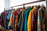 Fototapeta Przestrzenne - Various vintage jackets on clothing rack in second hand store