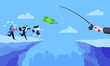 Fishing money chase business concept with people running after dangling dollar jumps over the cliff. Working hard and always busy in the loop routine flat style design vector illustration.
